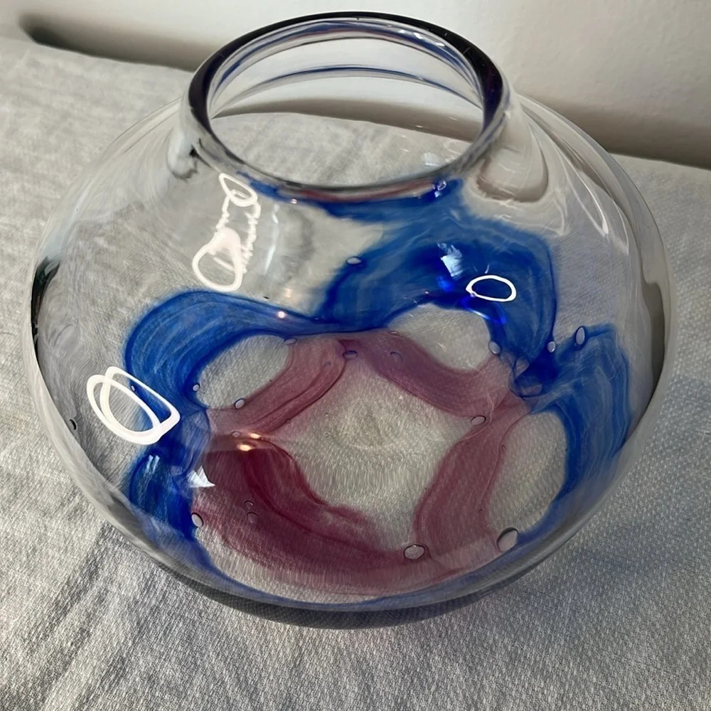 Hand Blown Purple & Blue Swirl Art Glass Bowl Vase Signed Dated Artisan
